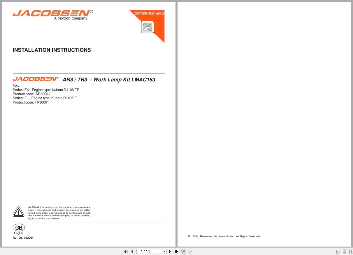 Jacobsen Rotary Mower AR 3 TR 3 Working Lamp Kit LMAC163 Installation Instructions 24746G GB R0 2004 (1)