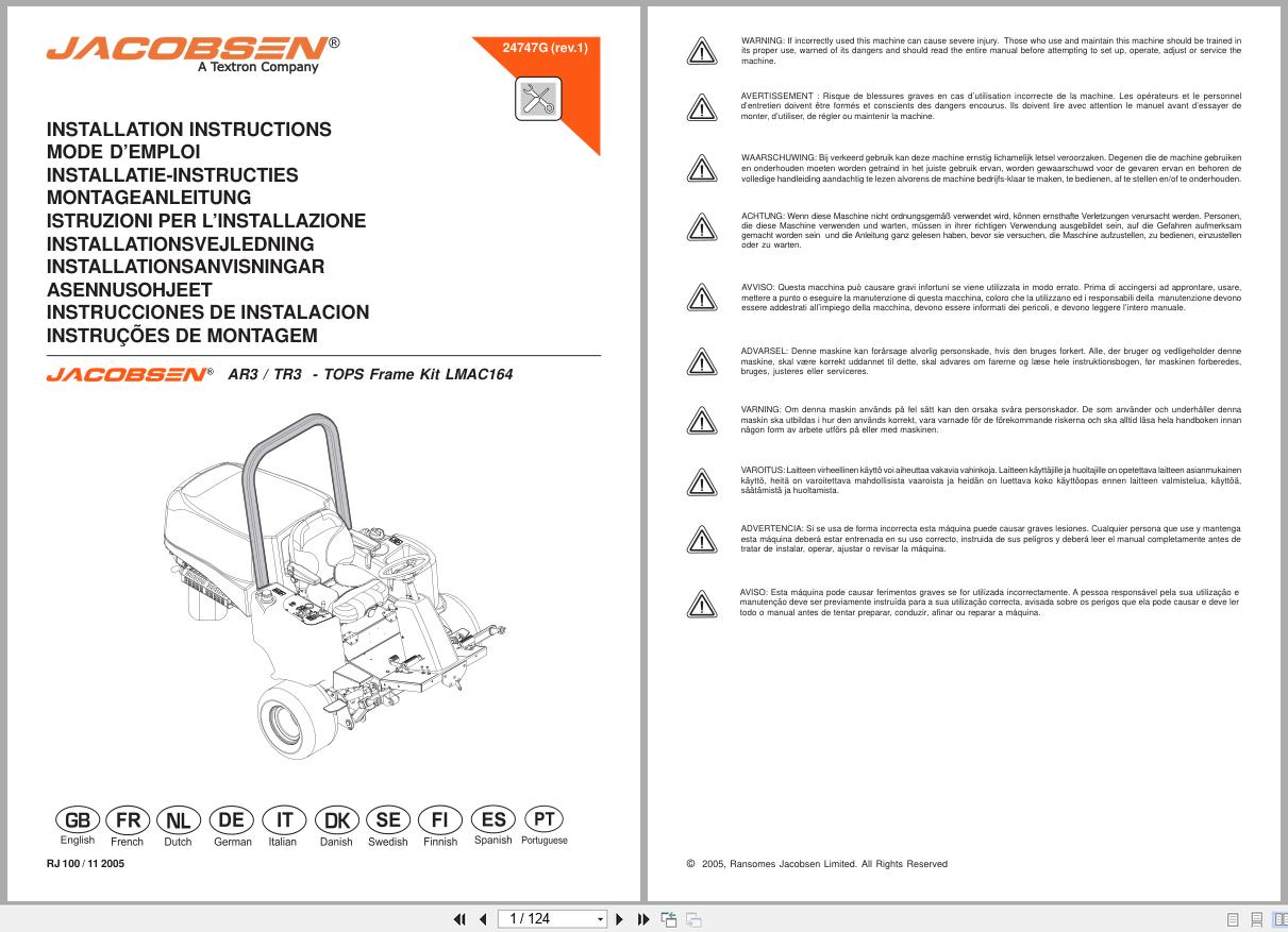 Jacobsen Rotary Mower AR 3 TR3 TOPS Frame Kit LMAC164 Installation Instructions 24747G R1 2005 (1)