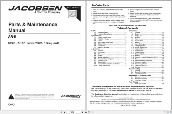 Jacobsen Rotary Mower AR 5 Parts Maintenance Manual 4133106 C 2006 (1) Jacobsen Rotary Mower Ar 5 Parts Maintenance Manual 4133106 C 2006 (1)