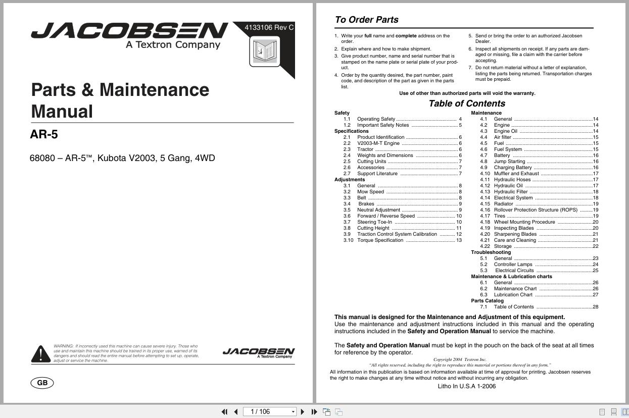 Jacobsen Rotary Mower AR 5 Parts Maintenance Manual 4133106 C 2006 (1)