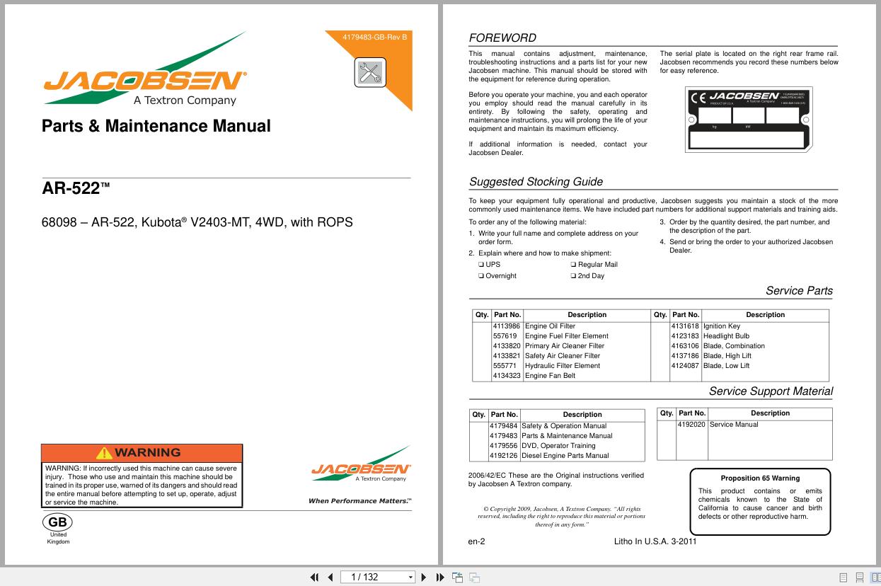 Jacobsen Rotary Mower AR 522 Parts Maintenance Manual 4179483 GB RB 2011 (1)