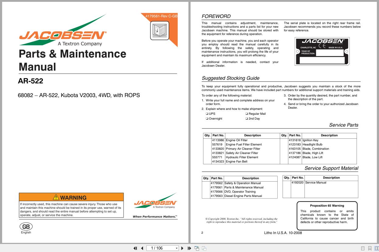 Jacobsen Rotary Mower AR 522 Parts Maintenance Manual 4179561 REV C GB 2008 (1)