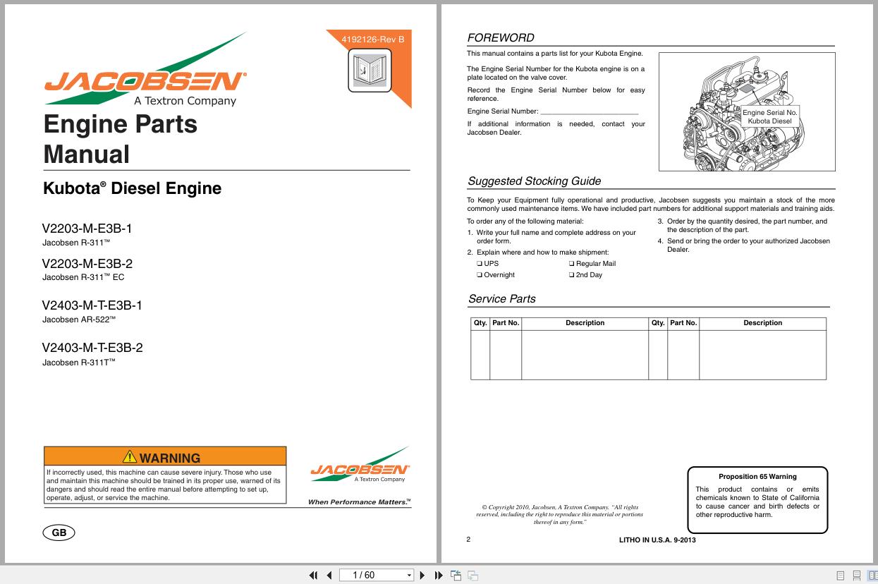 Jacobsen Rotary Mower AR 522 R 311T R 311 R 311 Engine Parts Manual 4192126 A 2013 (1)