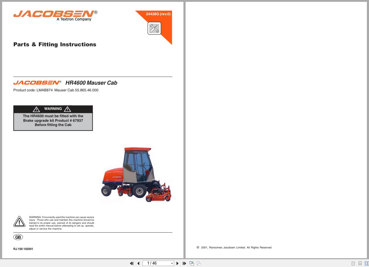 Jacobsen Rotary Mower HR 4600 Mauser Cab LMAB874 Parts Fitting Instruction 24428GR0 2001 (1)