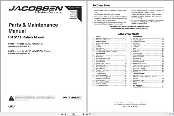 Jacobsen Rotary Mower Hr 5111 Parts Maintenance Manual 4103524 D 2005 (1)