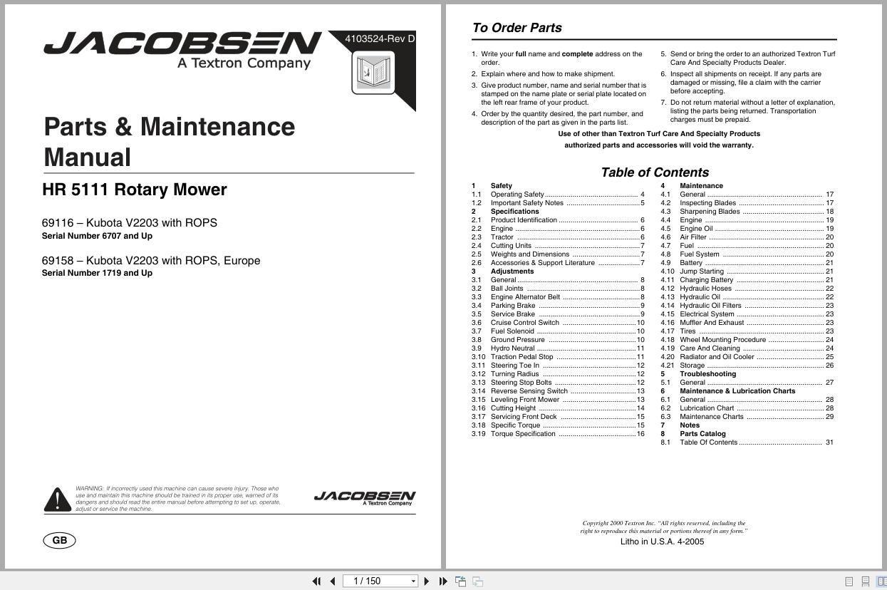 Jacobsen Rotary Mower HR 5111 Parts Maintenance Manual 4103524 D 2005 (1)