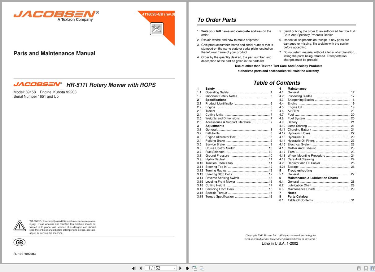 Jacobsen Rotary Mower HR 5111 Parts Maintenance Manual 4118020 GB R0 2002 (1)