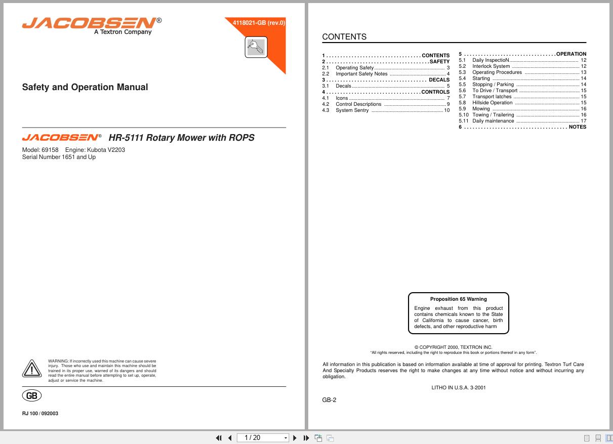 Jacobsen Rotary Mower HR 5111 Safety Operation Manual 4118021 GB R0 2000 (1)