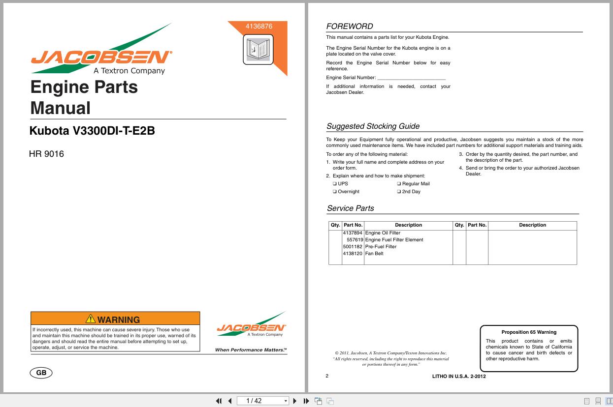 Jacobsen Rotary Mower HR 9016 Engine Parts Manual 4136876 (1)