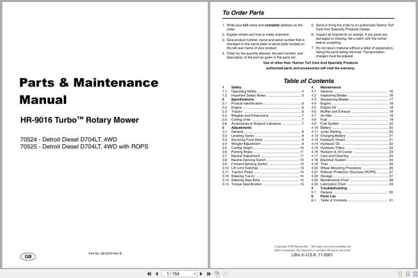 Jacobsen Rotary Mower Hr 9016T Parts Maintenance Manual 2810223 B 2001 (1)
