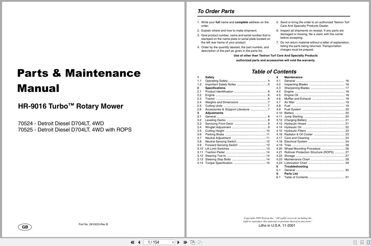 Jacobsen Rotary Mower HR 9016T Parts Maintenance Manual 2810223 B 2001 (1)