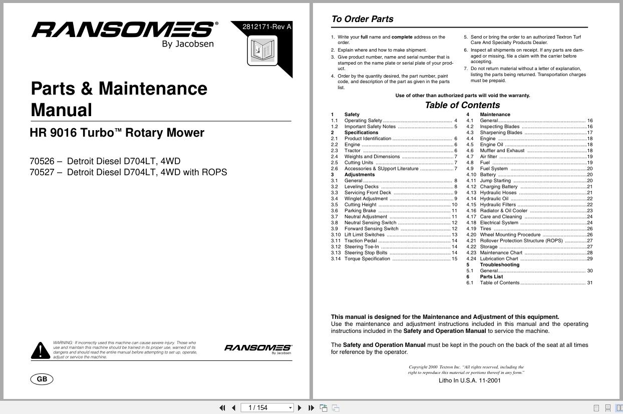 Jacobsen Rotary Mower HR 9016T Parts Maintenance Manual 2812171 B 2001 (1)