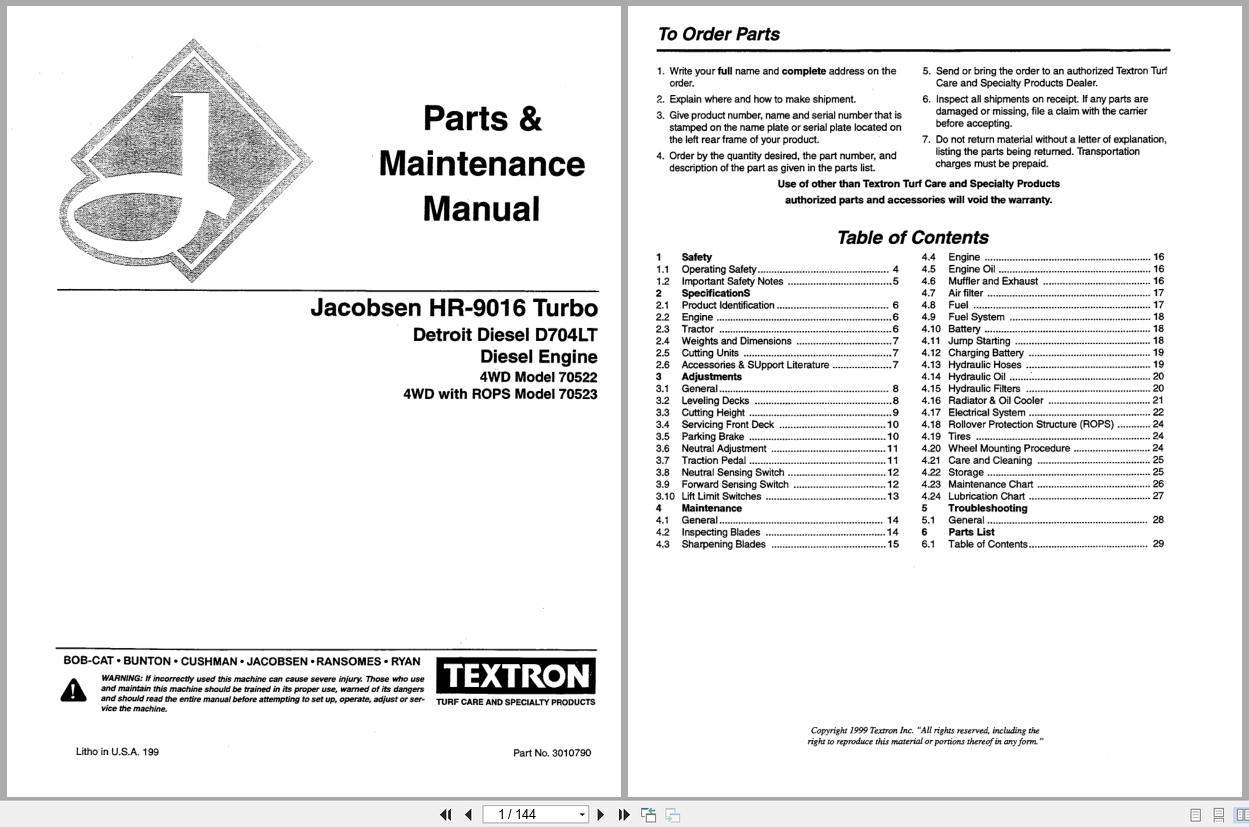 Jacobsen Rotary Mower HR 9016T Parts Maintenance Manual 3010790 1999 (1)