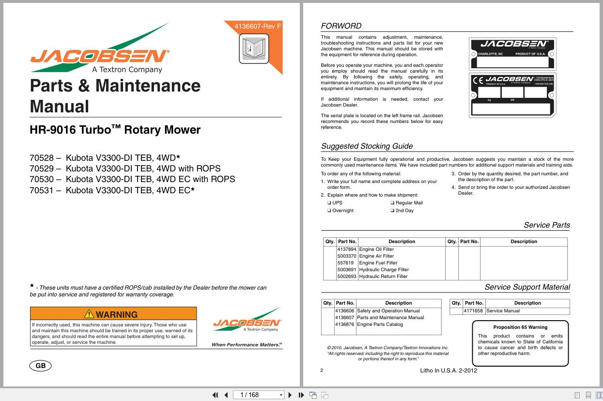 Jacobsen Rotary Mower HR 9016T Parts Maintenance Manual 4136607 F 2012 (1)