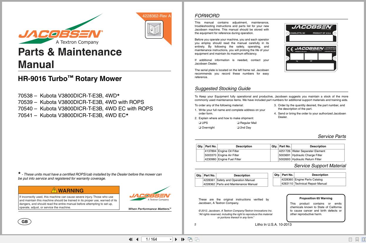 Jacobsen Rotary Mower HR 9016T Parts Maintenance Manual 4228362 A 2013 (1)
