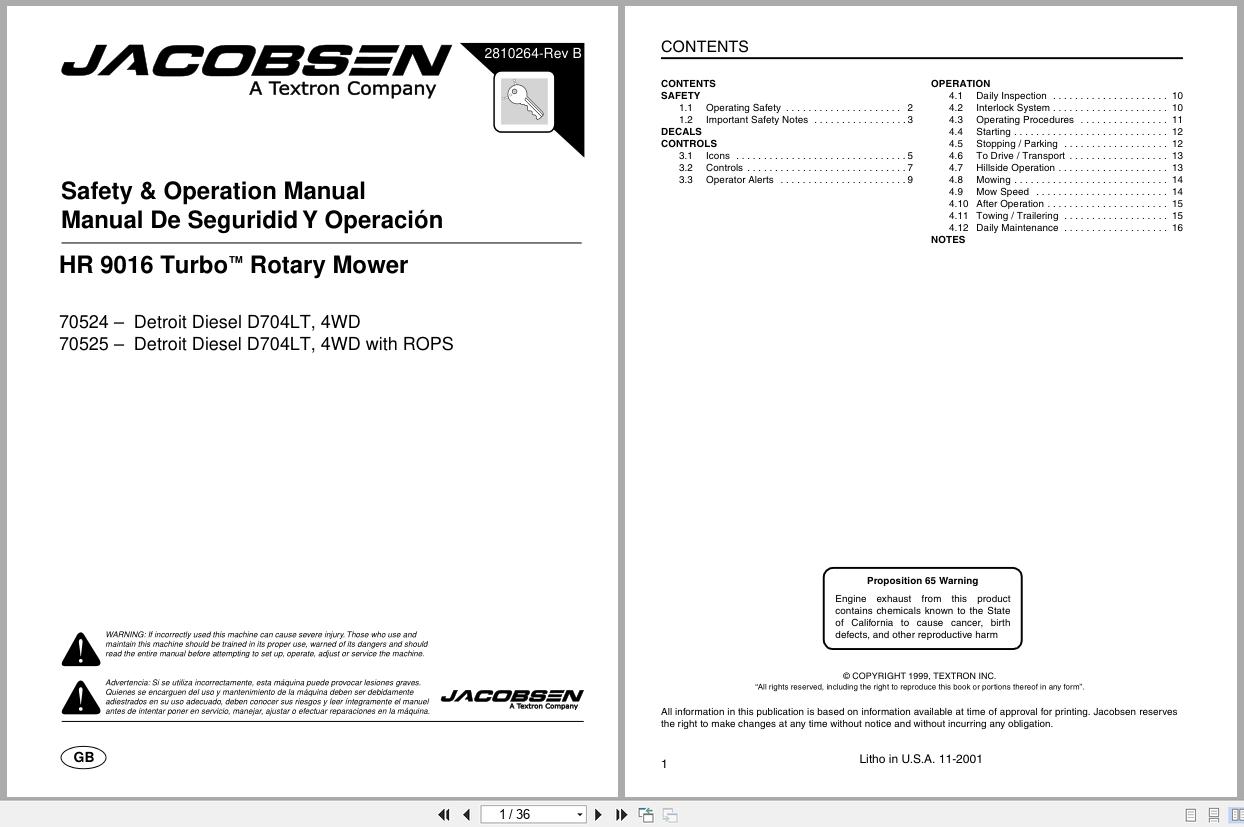 Jacobsen Rotary Mower HR 9016T Safety Operation Manual 2810264 B 2001 EN ES (1)