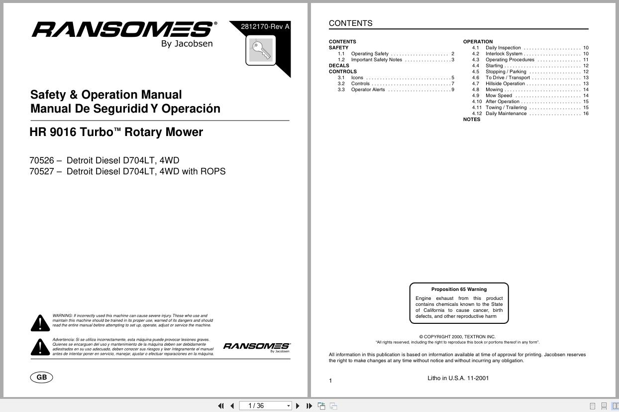 Jacobsen Rotary Mower HR 9016T Safety Operation Manual 2812170 A 2001 EN ES (1)