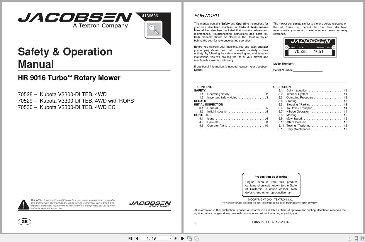 Jacobsen Rotary Mower HR 9016T Safety Operation Manual 4136606 2004 (1)