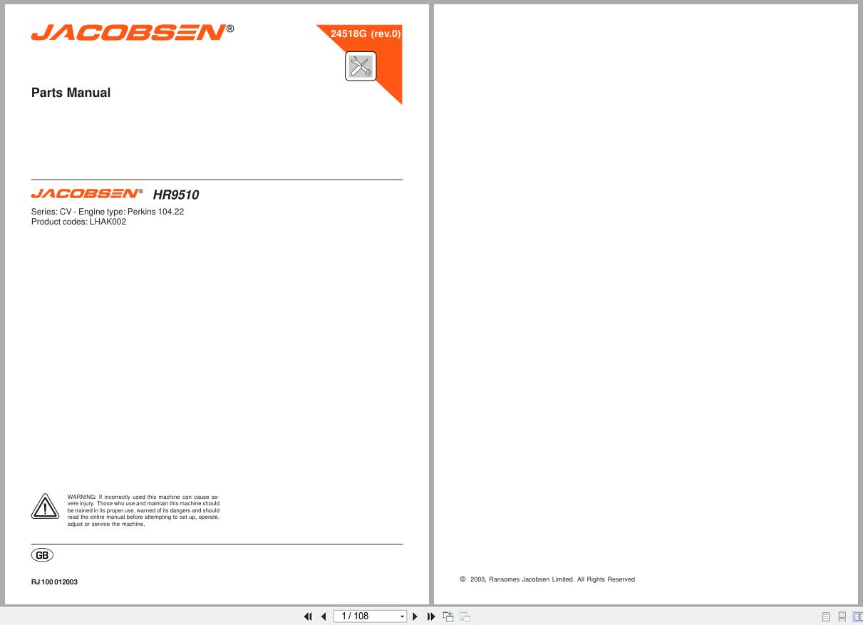 Jacobsen Rotary Mower HR 9510 Parts Manual 24518GR0 2003 (1)