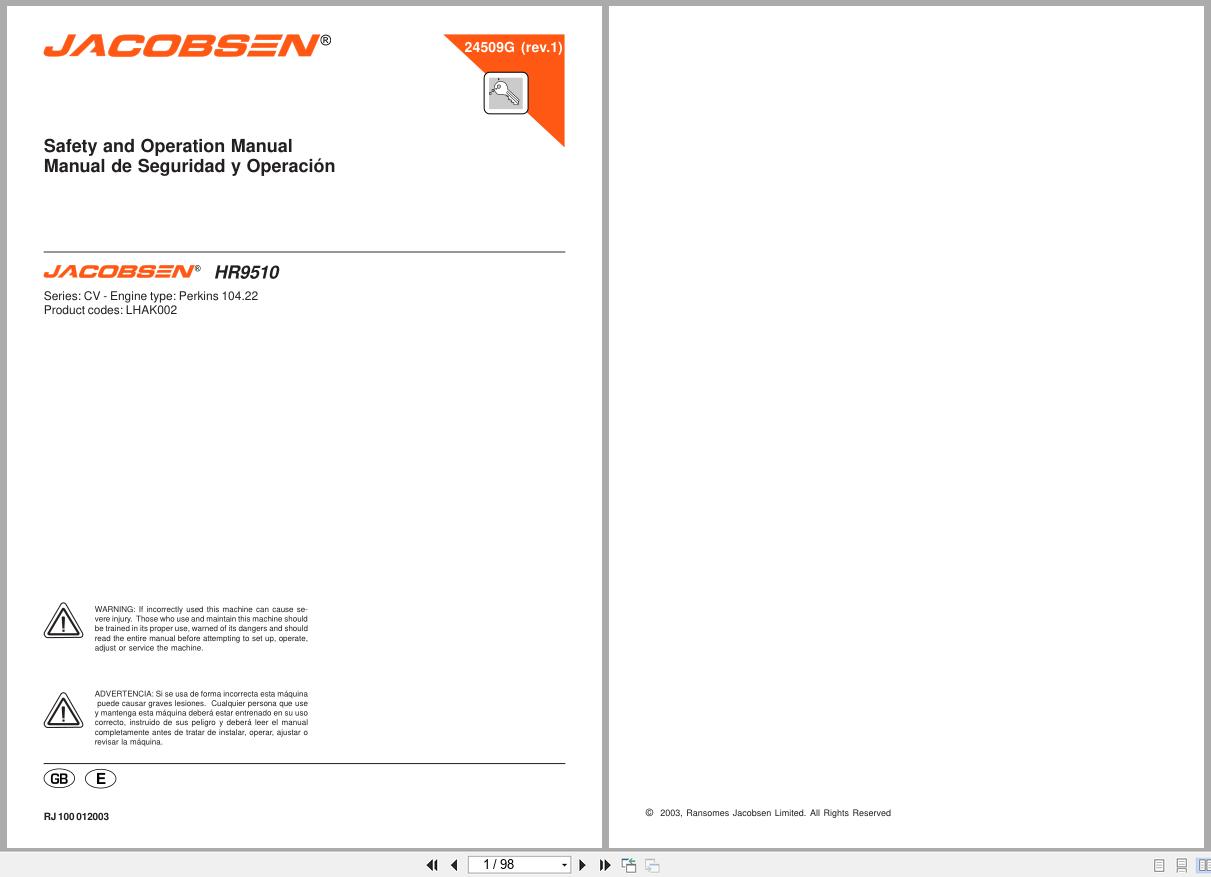 Jacobsen Rotary Mower HR 9510 Safety Operation Manual 24509GR1 EN ES (1)