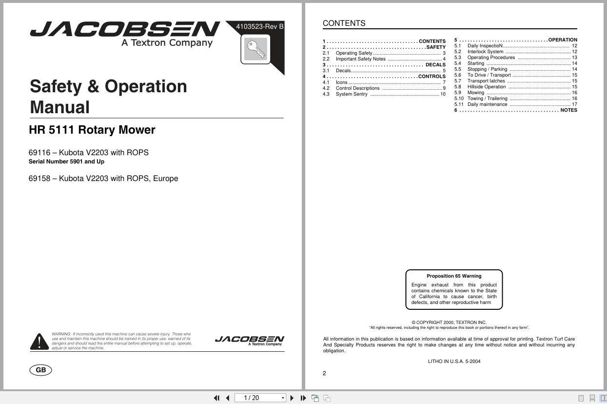 Jacobsen Rotary Mower HR5111 Safety Operation Manual 4103523 B 2004 (1)