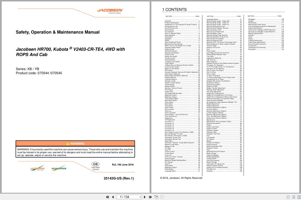 Jacobsen Rotary Mower HR700 Safety Operation Maintenance Manual 25142G US R1 2016 (1)