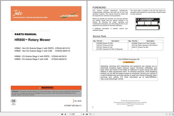 Jacobsen Rotary Mower Hr800 Parts Manual 4372607 F 2024 (1)