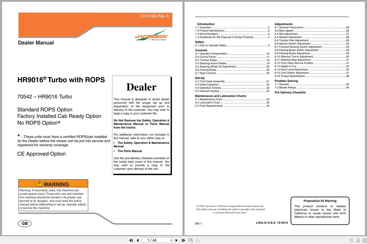 Jacobsen Rotary Mower HR9016T Dealer Manual 4319166 A 2014 (1)