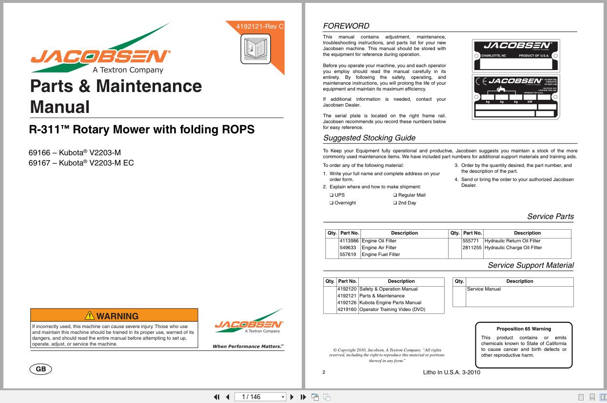Jacobsen Rotary Mower R 311 Parts Maintenance Manual 4192121 C 2010 (1)