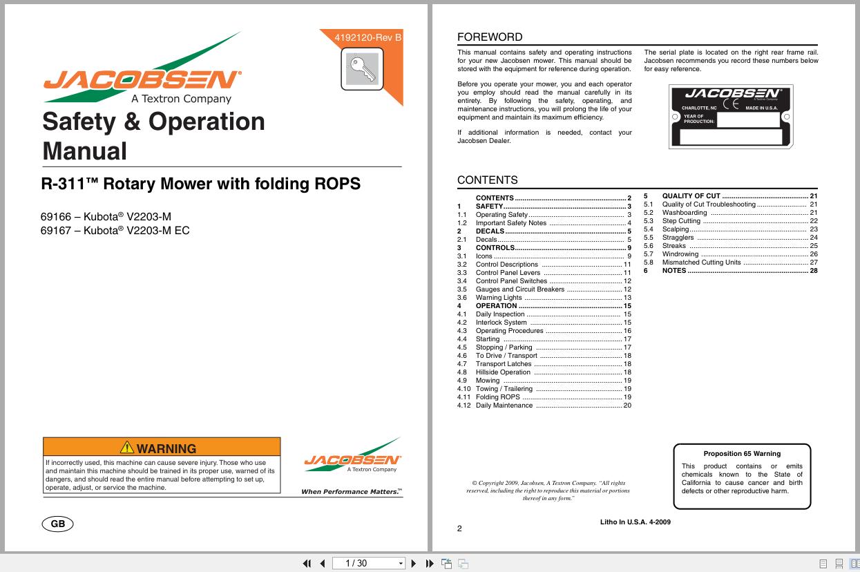 Jacobsen Rotary Mower R 311 Safety Operation Manual 4192120 2009 (1)