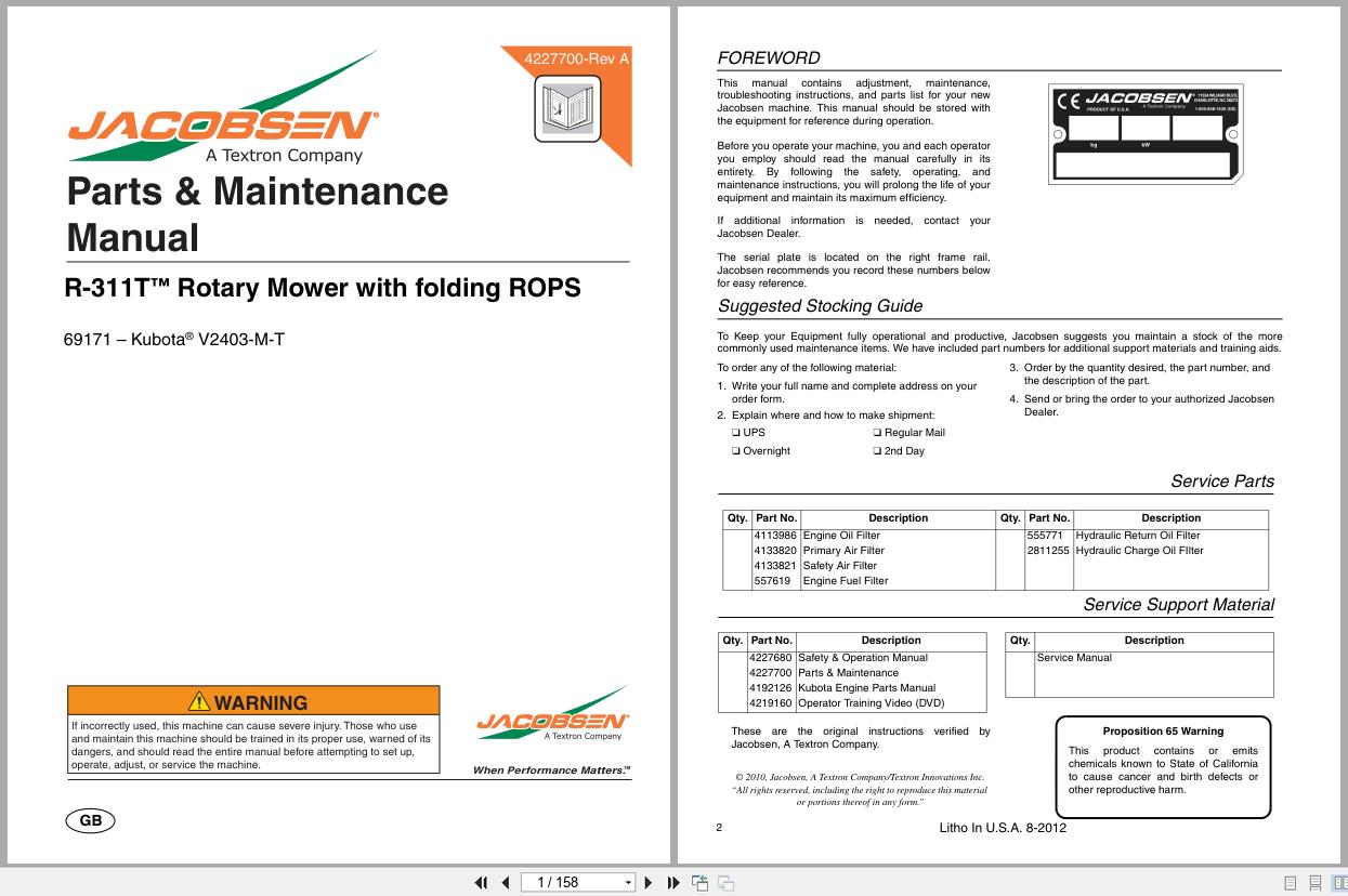 Jacobsen Rotary Mower R 311T Parts Maintenance Manual 4227700 A 2010 (1)