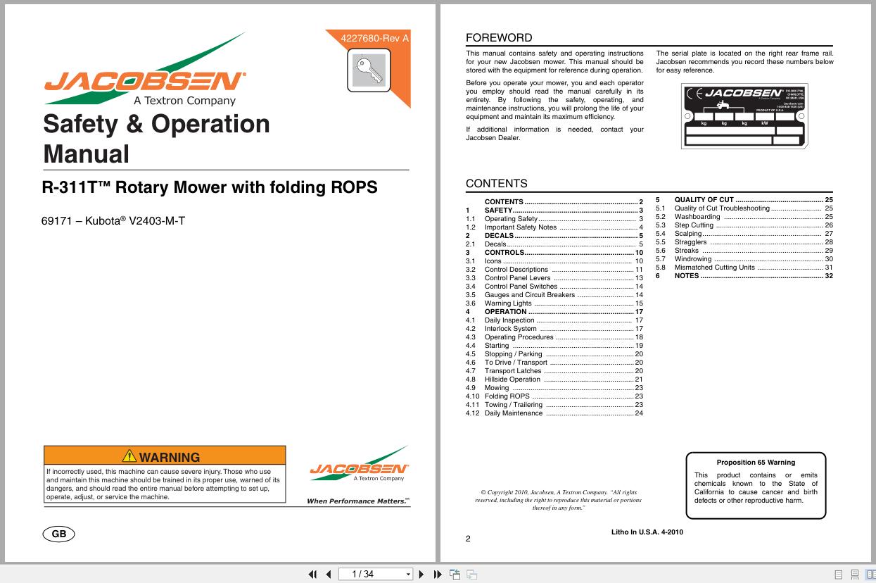 Jacobsen Rotary Mower R 311T Safety Operation Manual 4227680 2010 (1)