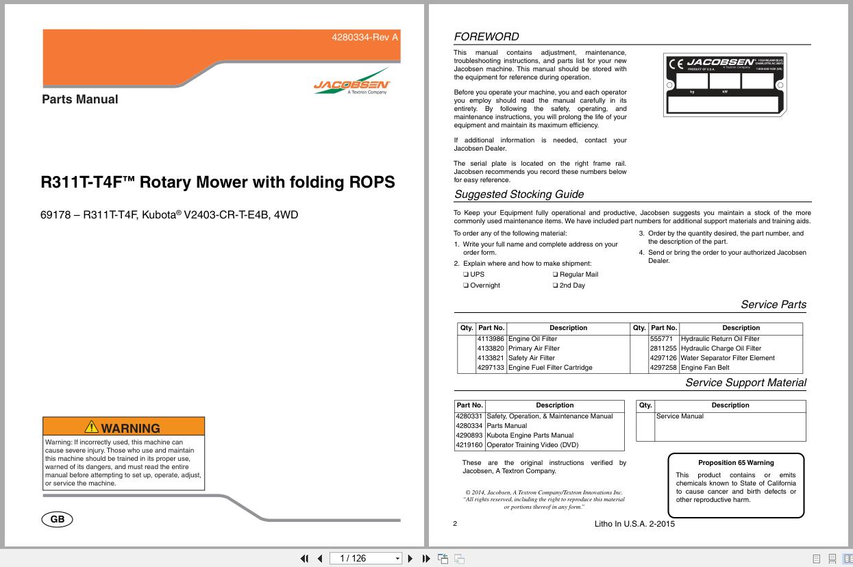 Jacobsen Rotary Mower R311T T4F Parts Manual 4280334 A 2015 (1)