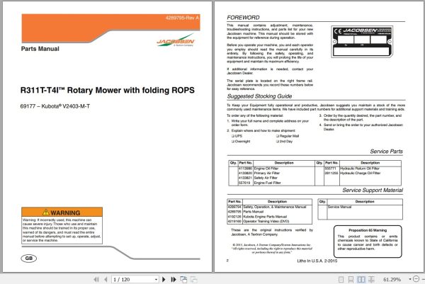 Jacobsen Rotary Mower R311T T4I Parts Manual 4289795 A 2015 (1)