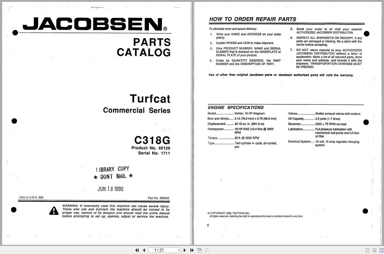 Jacobsen Rotary Mower TurfCat 300 Series Parts Catalogue 365282 1989 (1)
