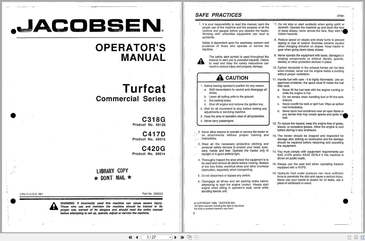 Jacobsen Rotary Mower TurfCat 400 300 Series Operators Manual 365223 1999 (1)