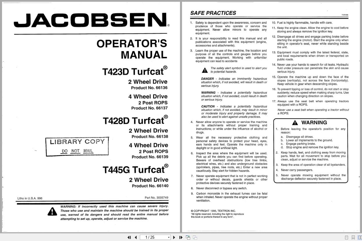 Jacobsen Rotary Mower TurfCat 400 Series Operators Manual 3005749 1996 (1)