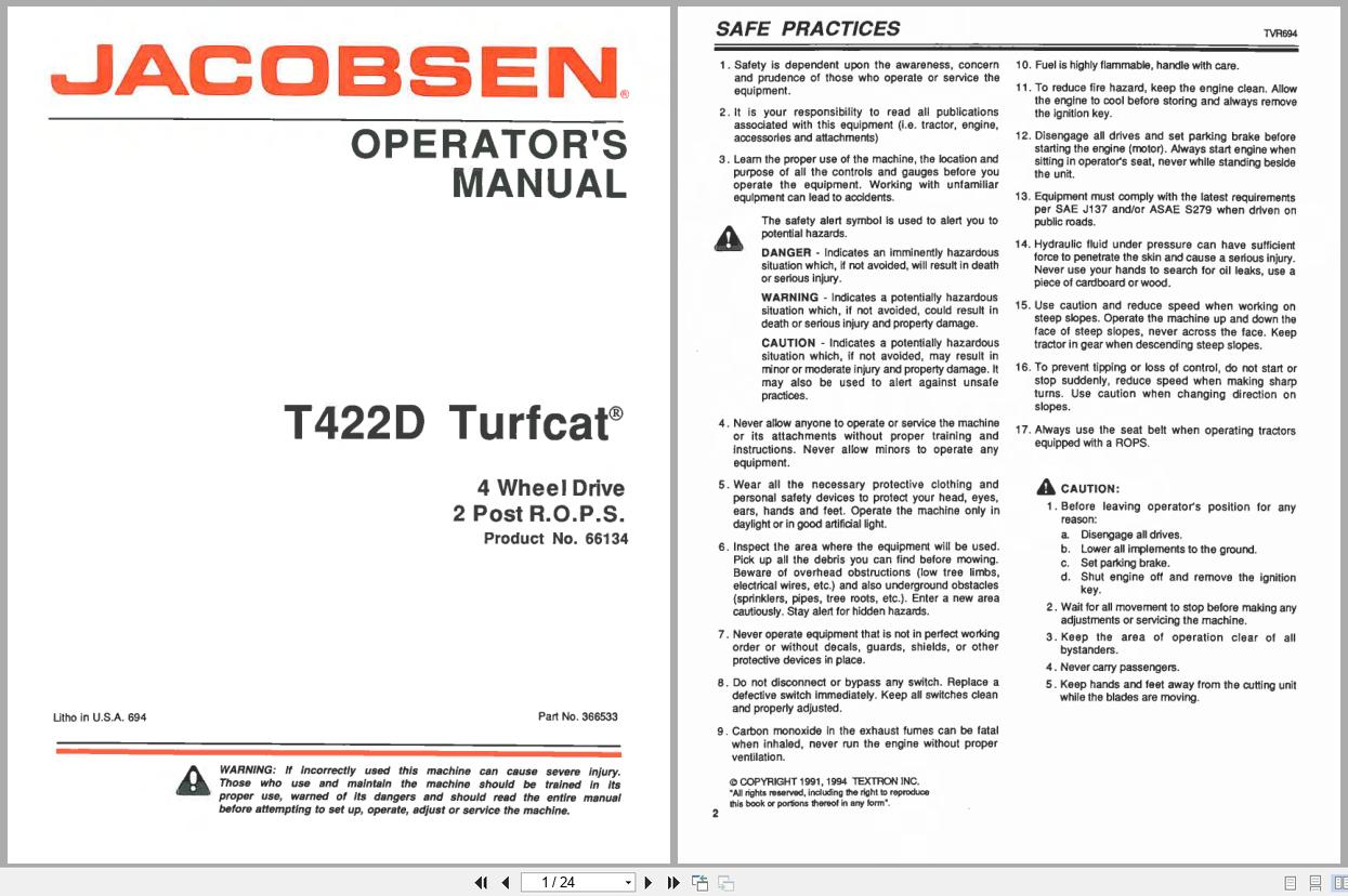 Jacobsen Rotary Mower TurfCat 400 Series Operators Manual 366533 (1)