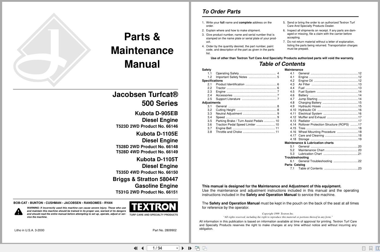 Jacobsen Rotary Mower TurfCat 500 Series Parts Maintenance Manual 2809902 1999 (1)