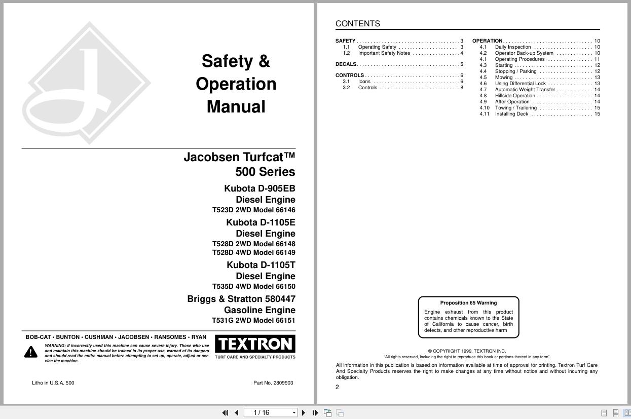 Jacobsen Rotary Mower TurfCat 500 Series Safety Operation Manual 2809903 1999 (1)