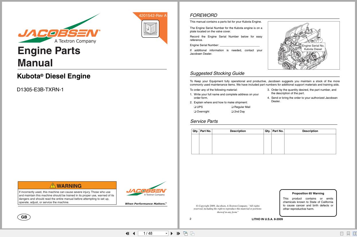 Jacobsen Rotary Mower TurfCat 600 Series D1305 E3B TXRN 1 Engine Parts Manual 4201542 (1)