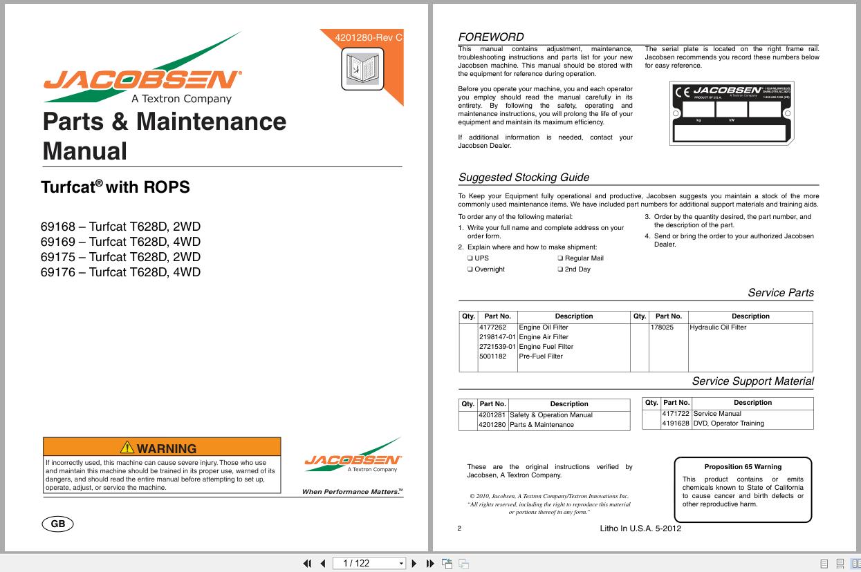 Jacobsen Rotary Mower TurfCat 600 Series Parts Maintenance Manual 4201280 C 2012 (1)