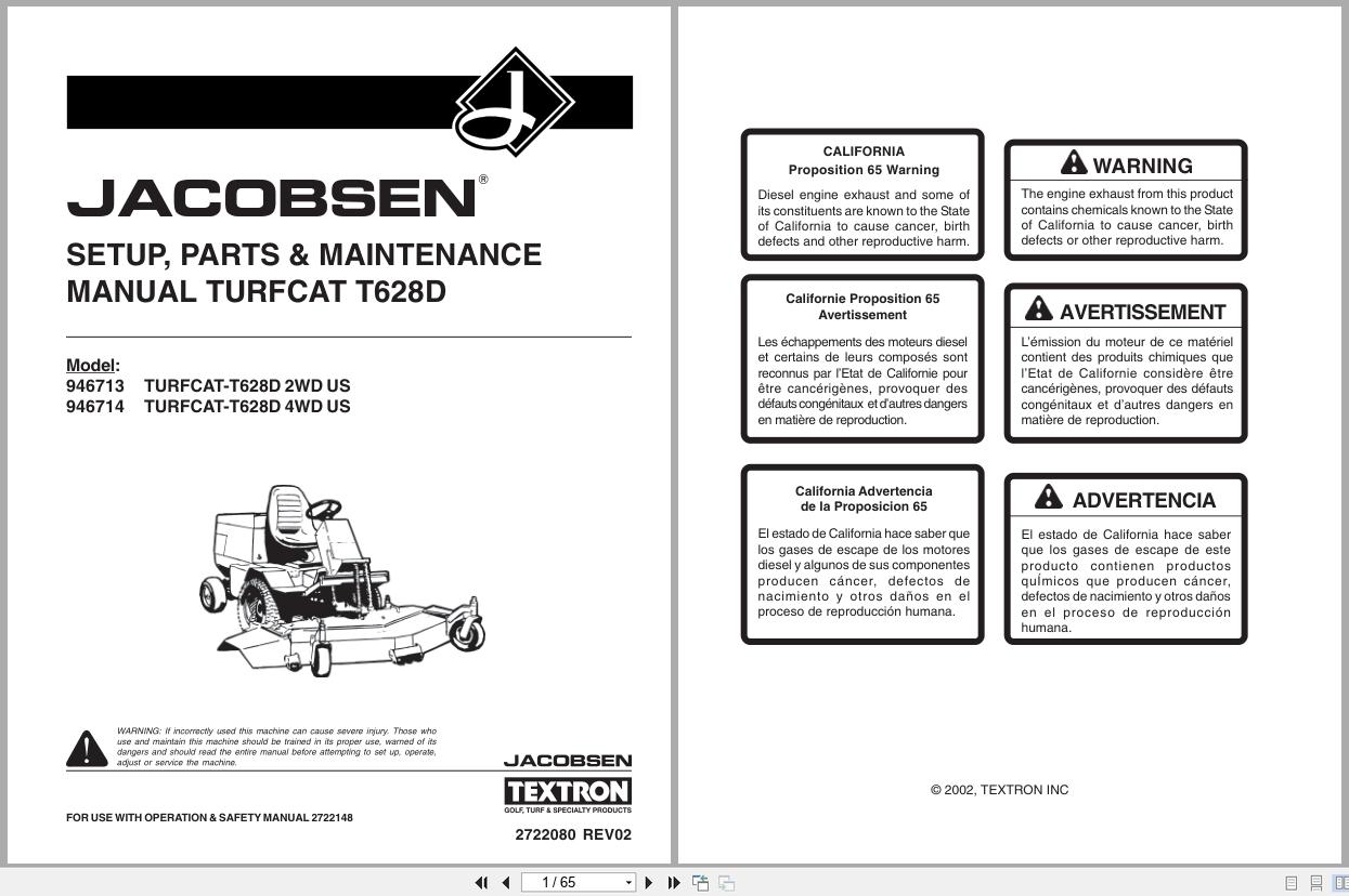 Jacobsen Rotary Mower TurfCat 600 Series Setup Parts Maintenance Manual 2722080 2002 (1)