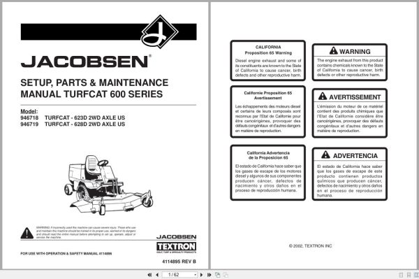 Jacobsen Rotary Mower TurfCat 600 Series Setup Parts Maintenance Manual 4114895 2002 (1) Jacobsen Rotary Mower Turfcat 600 Series Setup Parts Maintenance Manual 4114895 2002 (1)