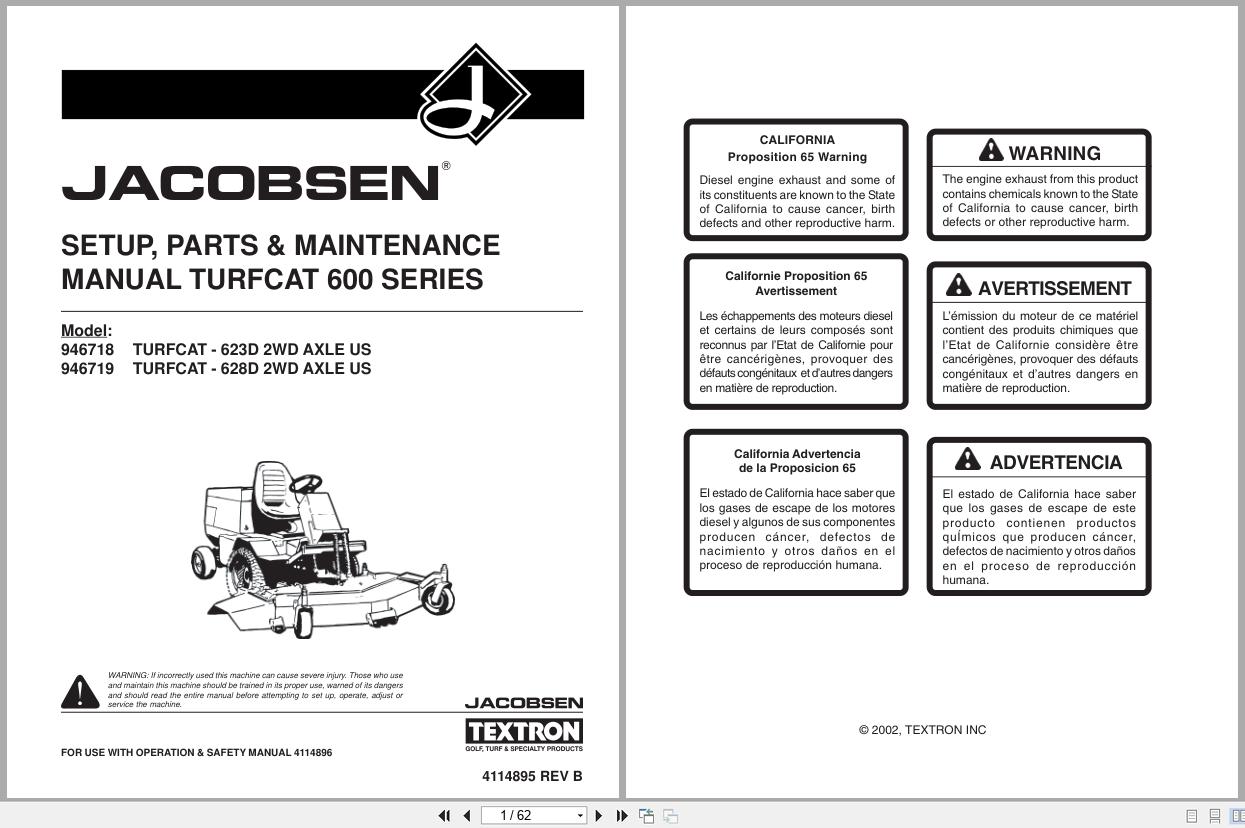 Jacobsen Rotary Mower TurfCat 600 Series Setup Parts Maintenance Manual 4114895 2002 (1)