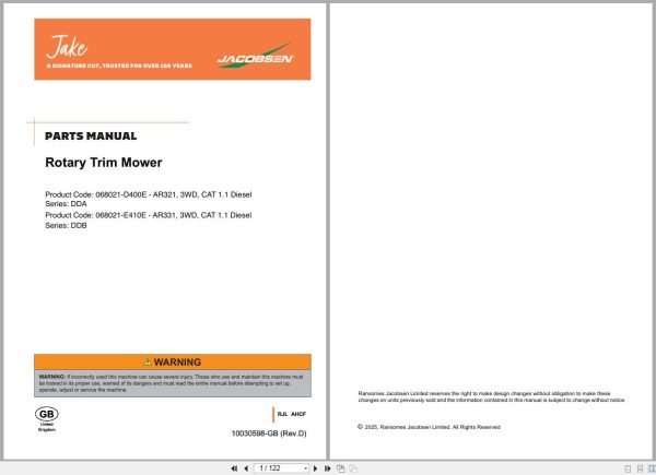 Jacobsen Rotary Trim Mower Ar321 Ar331 Parts Manual 10030598 D 2025 (1)