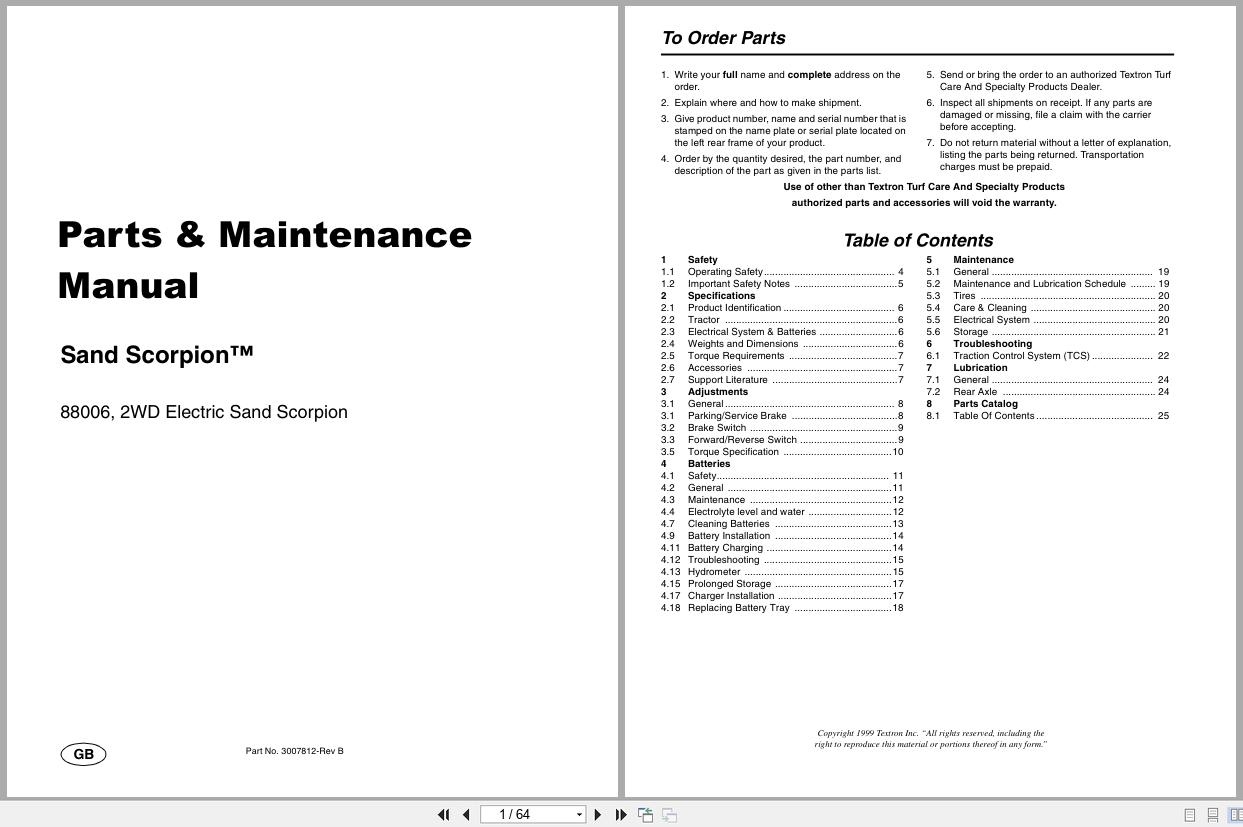 Jacobsen Sand Scorpion Parts Maintenance Manual 3007812 B 19999 (1)