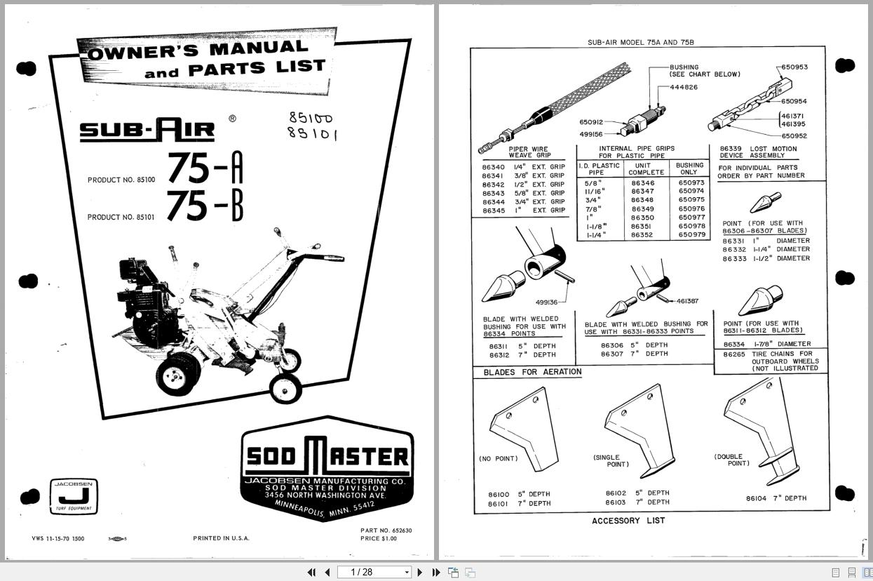 Jacobsen Sod Cutter Sub Air 75 A 75 B Operators Parts Manual 652630 (1)