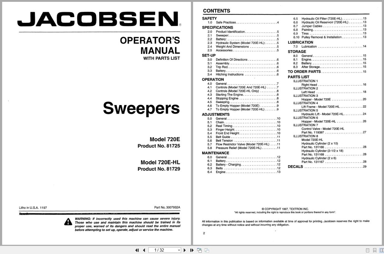 Jacobsen Sweepers 720E 720E HL Operators Manual And Parts List 3007932 1997 (1)