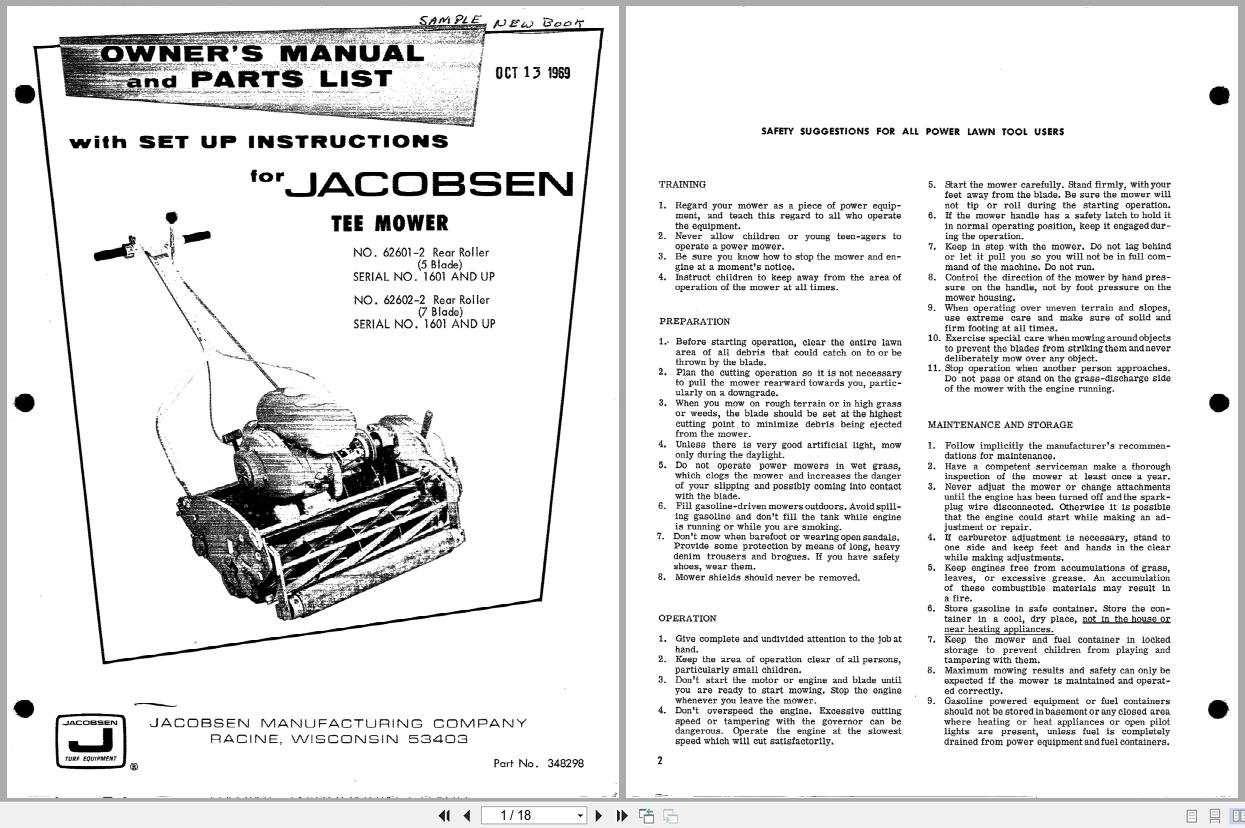 Jacobsen Tee Mower Operators Manual And Parts List 348298 (1)